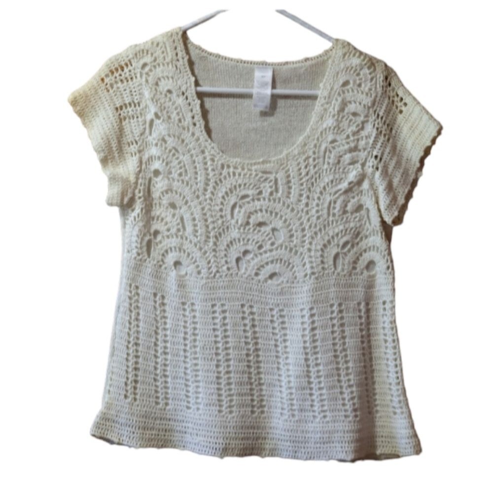 Vintage Avon White Lacey Crochet Short Sleeve Scoop Neck Top Small